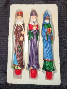 Vtg Robert Alan Hand-Painted Three Wisemen Taper Candles Magi Kings Nativity